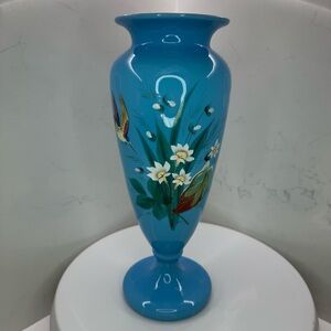 Vintage Opaque Blue Hand-Painted Art Glass Vase with Floral & Bird Motif